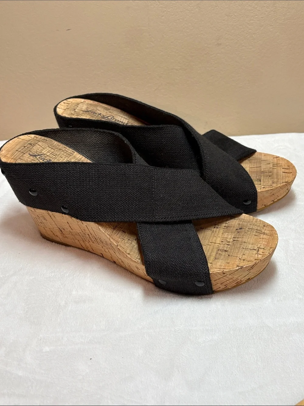 Lucky Brand Cross-Band Cork Miller Wedge Slide Sandals in Black, 9